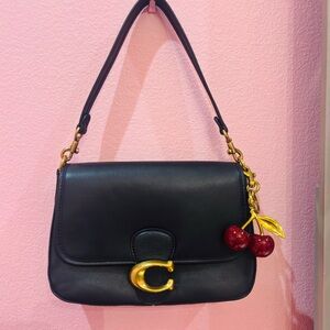Black Leather Shoulder Bag with Gold Accent
